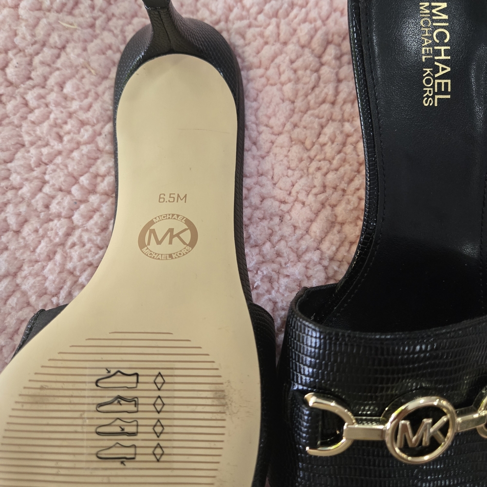 Michael Kors Black Lizard-Texture Slide Sandals with Gold MK Chain - Picture 3 of 3